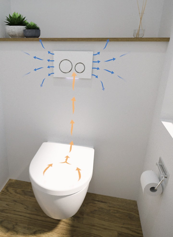 Geberit DuoFresh aspira i cattivi odori direttamente dal WC e rilascia nell’ambiente aria purificata.