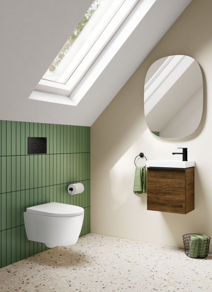 Piccolo bagno ospiti Geberit iCon con mobili in legno Piccolo bagno ospiti Geberit iCon con mobili in legno
