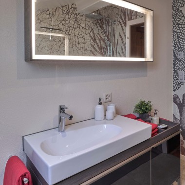 Combinazione con specchio contenitore, lavabo e mobile da bagno