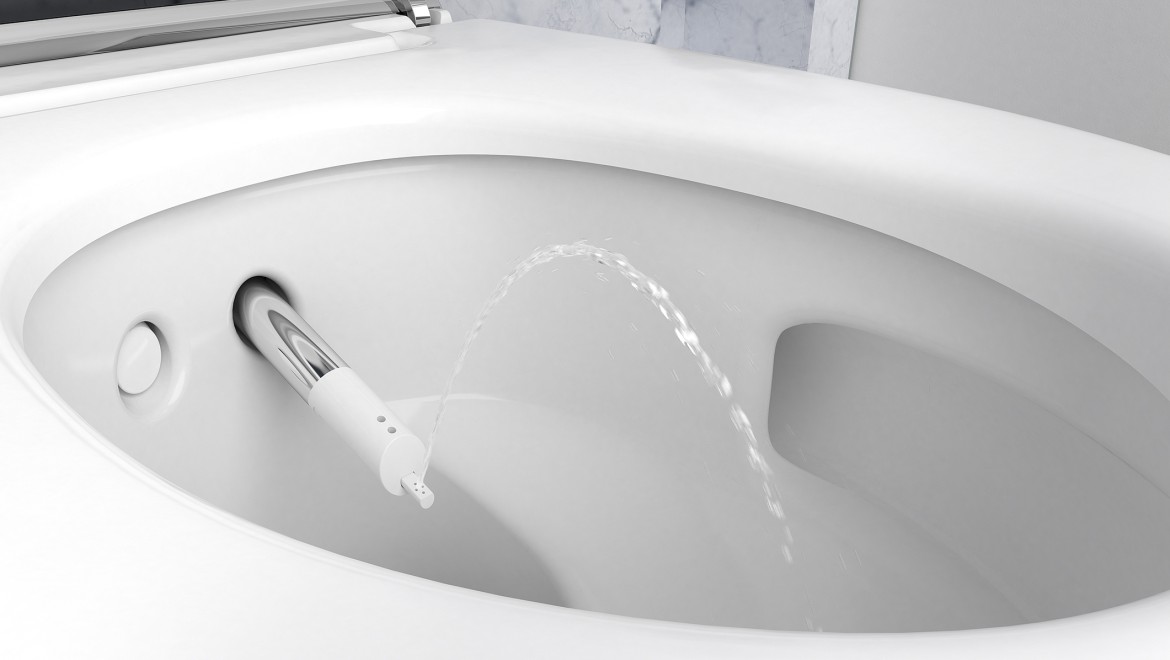 Dettaglio dell'erogatore di un vaso bidet Geberit AquaClean Mera