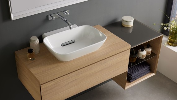 Lavabo da appoggio Geberit ONE, mobile lavabo in rovere