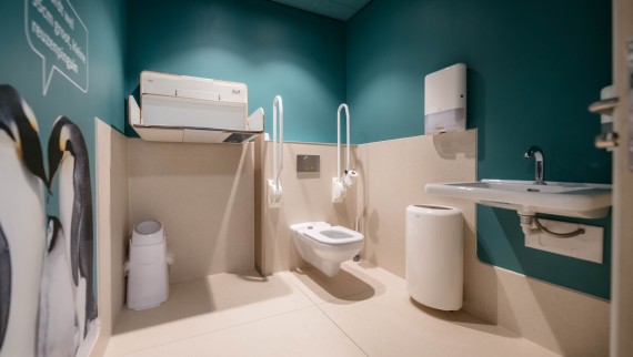 Le attrezzature nel WC per disabili consistono anche in gran parte di prodotti Geberit (© Michiel Stock)