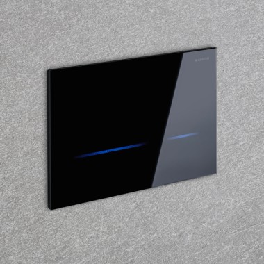 La placca di comando Geberit Sigma80 attiva lo scarico del WC in modo automatico.