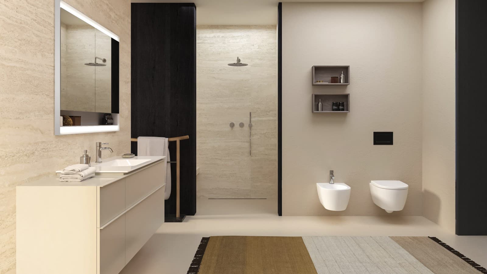 Bagno Geberit con WC + bidet iCon, mobile iCon, Lavabo One, Specchio contenitore ONE, Placca di comando Sigma40, doccia con CleanLine Bagno Geberit con WC + bidet iCon, mobile iCon, Lavabo One, Specchio contenitore ONE, Placca di comando Sigma40, doccia con CleanLine