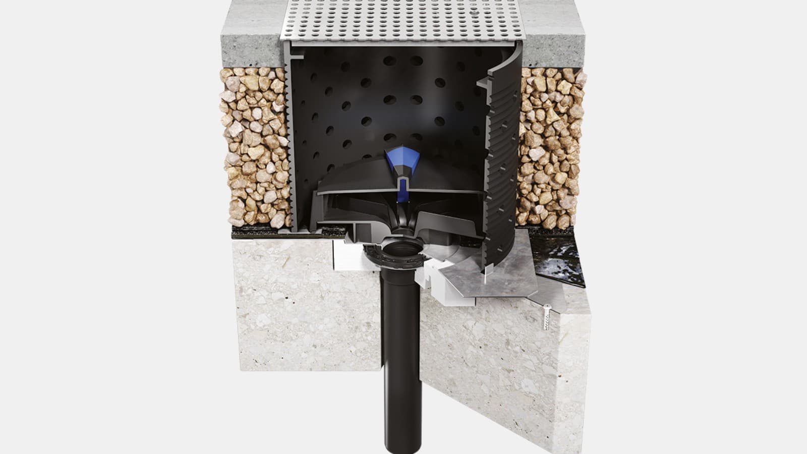 Imbuto per pluviali Geberit Pluvia installato con set “carrabile” Imbuto per pluviali Geberit Pluvia installato con set “carrabile”